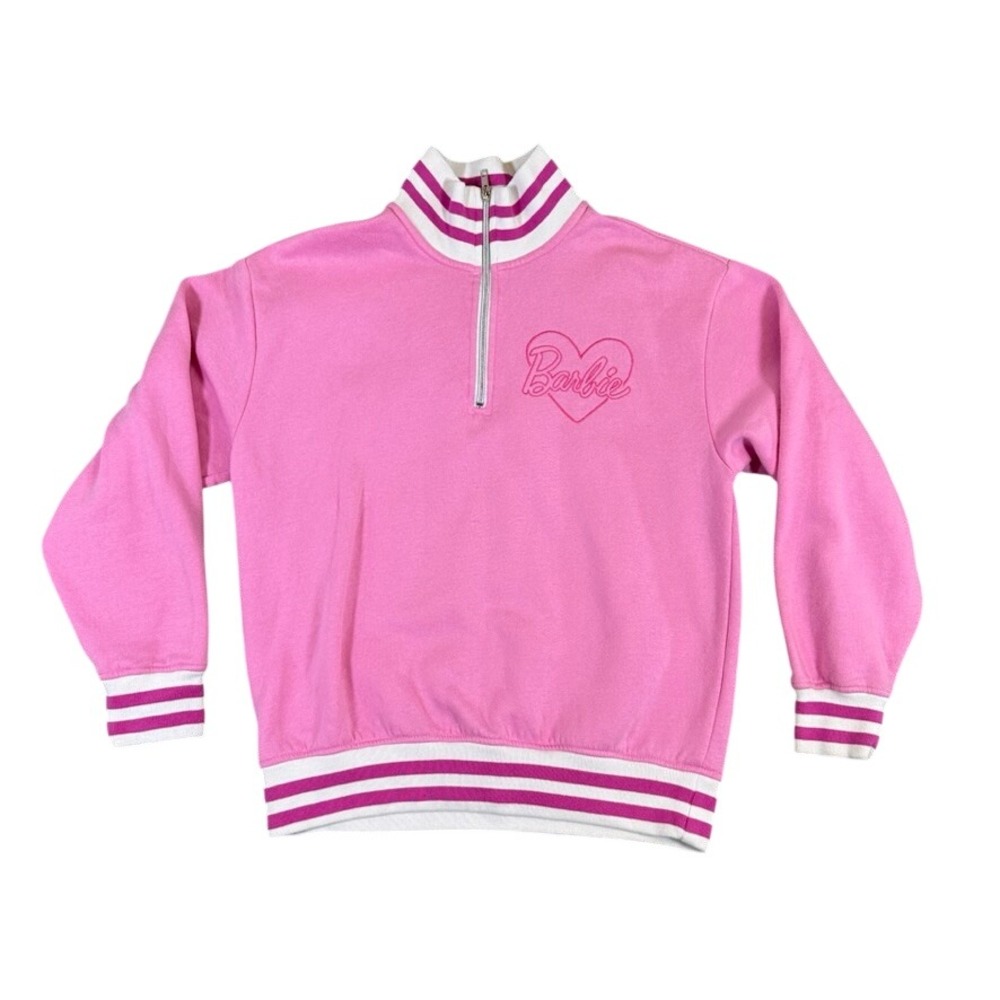 Barbie Womens Quarter Zip Sweatshirt Pink Heart Logo Striped Trim Size M